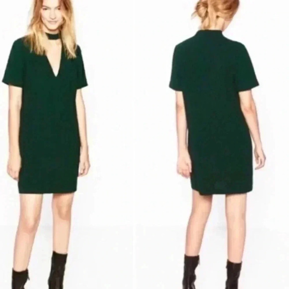 ZARA DARK EMERALD GREEN SHORT SLEEVE KEYHOLE NECK MINI DRESS SIZE S - Picture 1 of 10